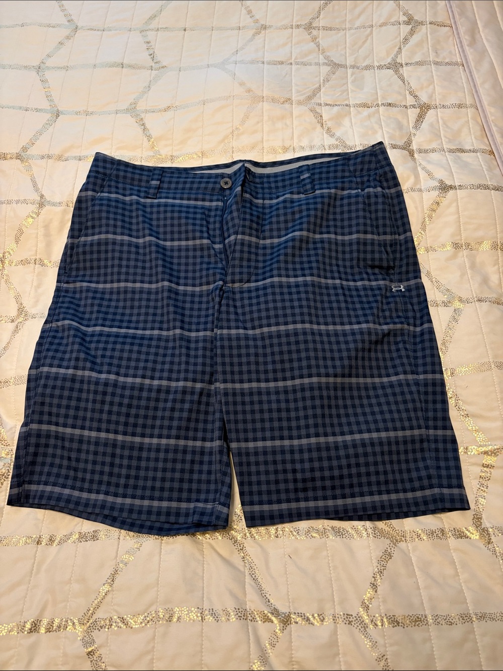 Under Armour Men's Navy and Light Blue Check Golf Shorts
